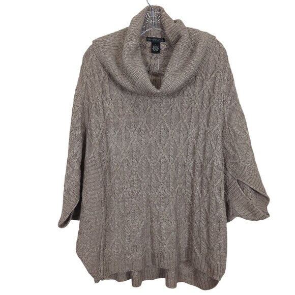 Design History Women’s Poncho Tan Sweater Large Cowl Neck Cable Knit Pullover - Picture 2 of 10